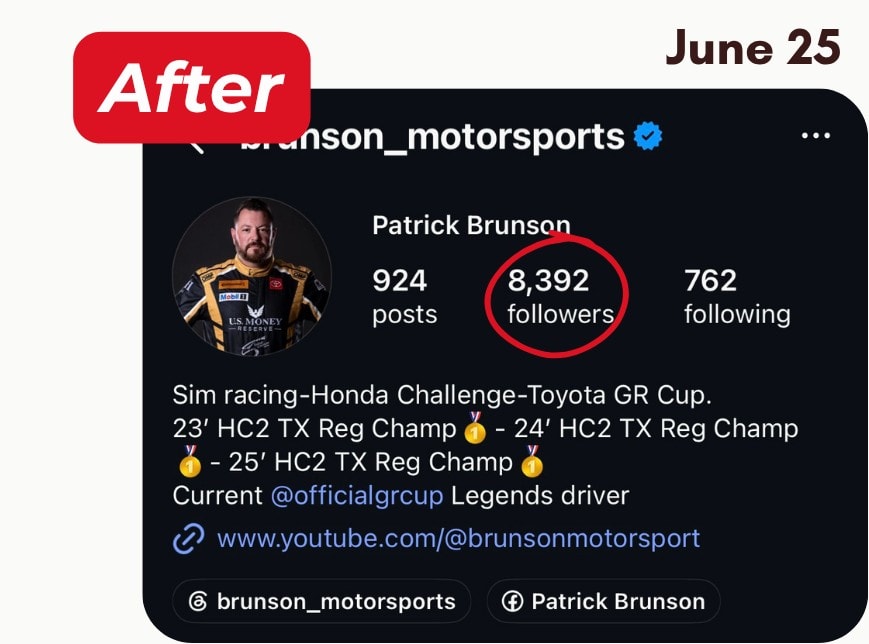 The same profile in June 2025: 8,392 followers, circled, now verified.