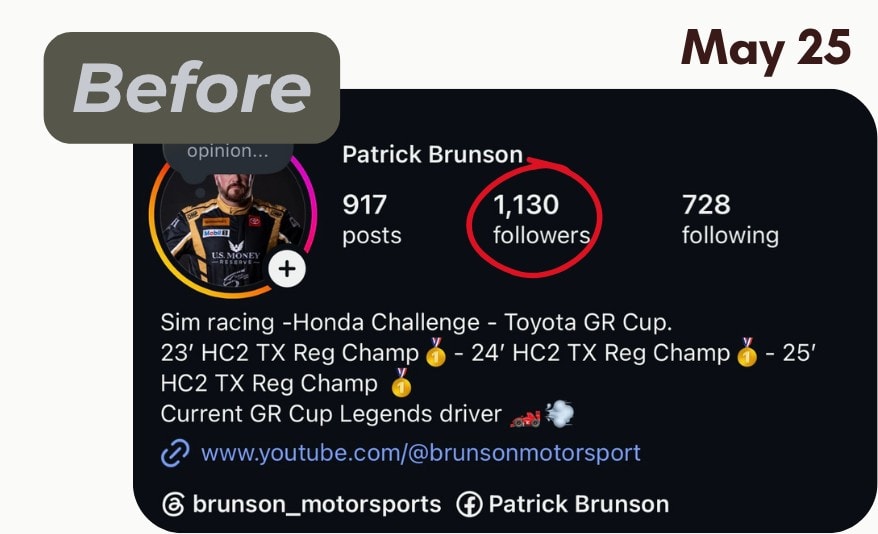 Patrick Brunson’s Instagram profile in May 2025: 1,130 followers, circled.