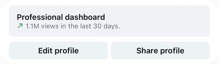 Instagram professional dashboard: 1.1M views in the last 30 days.