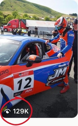Maley climbing into the number 12 JM GR Cup car — 129K views, circled.