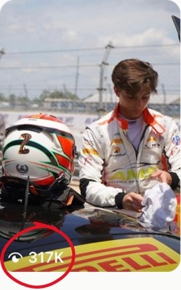 Maley signing on the grid beside his helmet — 317K views, circled.